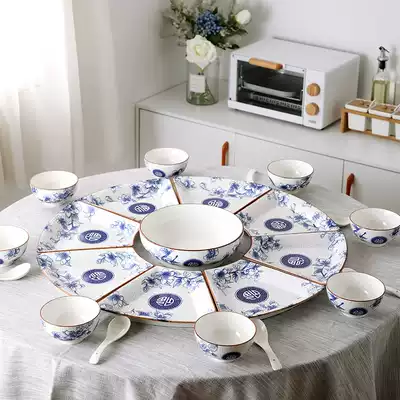 Household pottery platter tableware combination creative irregular plate Fan-shaped plate New Year reunion tableware round table setting plate