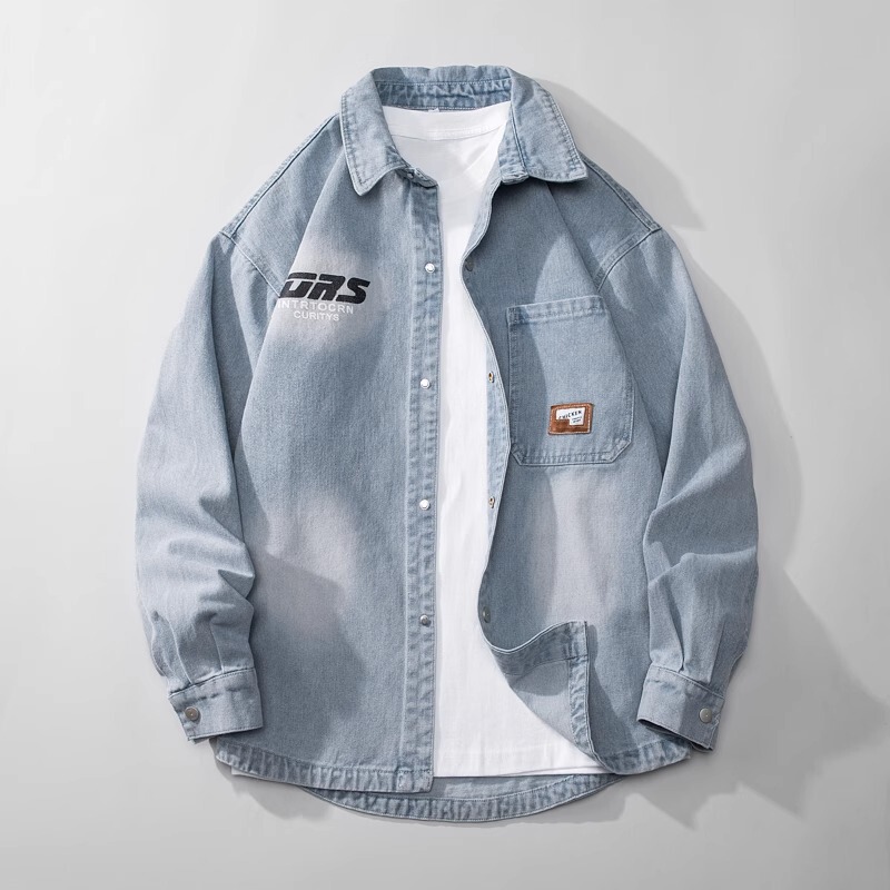 Light Blue Denim Shirt Men's Long-Sleeved Spring and Autumn Thin Shirt Youth Loose Casual Washed Shirt Jacket
