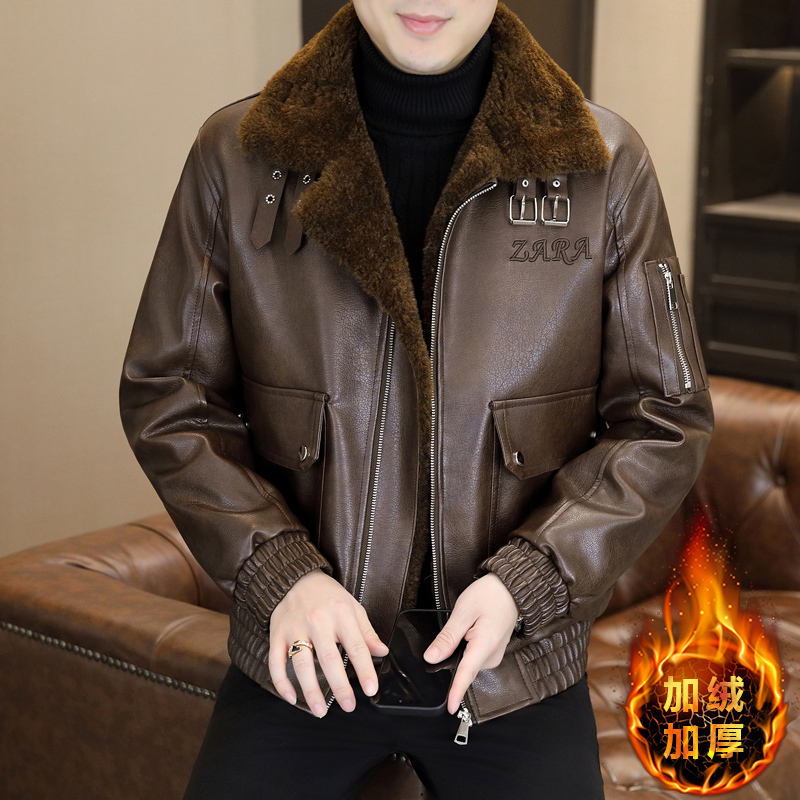 Fur-Integrated Leather Jacket for Men, 2026 Winter New Style, Fleece-Lined, Thickened, Warm, Short Retro Leather Jacket