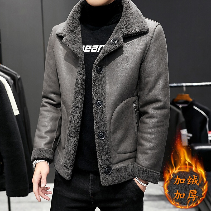 Winter Fleece-Lined Thick Cotton Jacket for Men, Lamb Wool Reversible Cotton Coat, Slim Fit Fur Integrated Leather Jacket