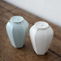 Also interesting retro hexagonal tea cans celadon cans white porcelain tea storage warehouse New Chinese Zen tea sealed jars two