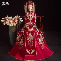 Velvet Xiuhe dress 2021 new bride wedding heavy industry wedding dress appliqued dress slim-fit toast dress Chinese Xiuhe