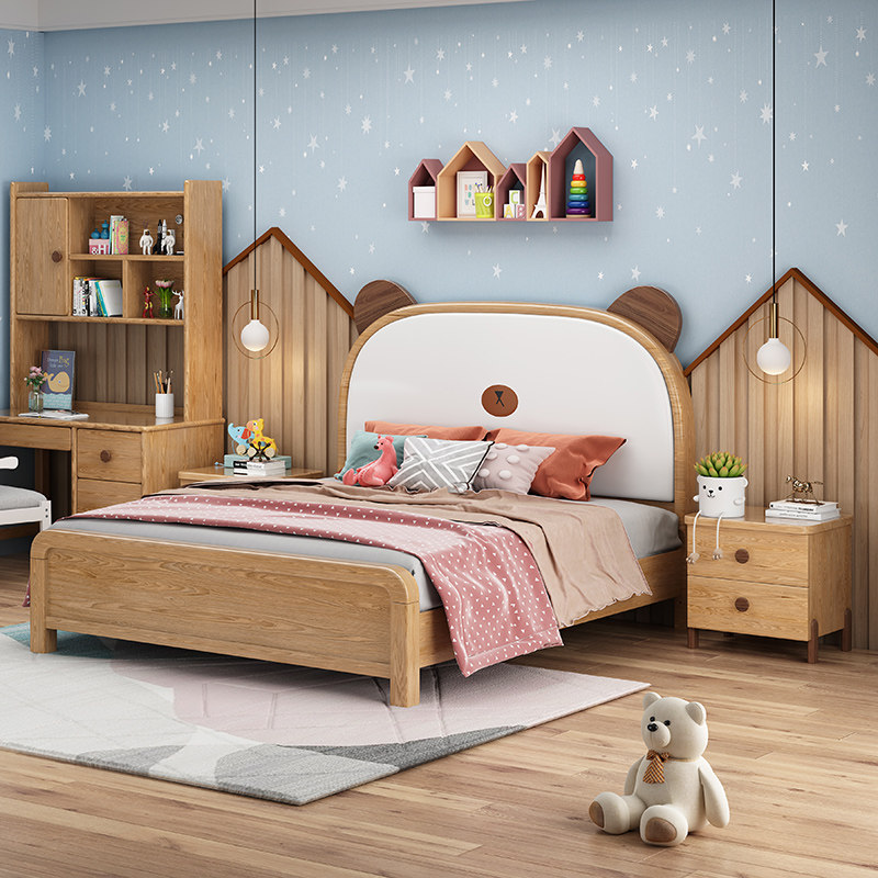 Children's bed Boy single beds 1 5 m 1 2m Young boy Modern minimalist white wax wood mesh red solid wood bed