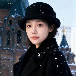 Hepburn-Style Black Fedora for Women, Autumn and Winter Wool Bucket Hat with Rolled Brim, Vintage Chic, High-End Elegant Lady Hat