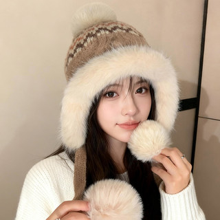 Fair Isle Plush Knit Hat for Women 2025 New Winter Cold-Proof Fleece-Lined Knit Hat Warm Ear-Protecting Lei Feng Hat