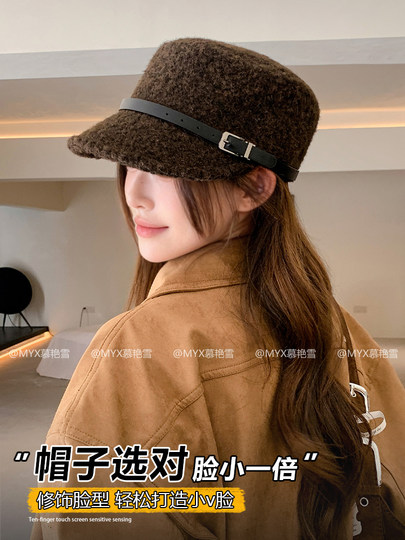 2025 New Lamb Wool Beret for Women, Autumn and Winter Flat-Top Cap, Face-Slimming Newsboy Cap, High-End Equestrian Hat