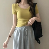 Летняя цветная приталенная короткая футболка, в корейском стиле, круглый воротник