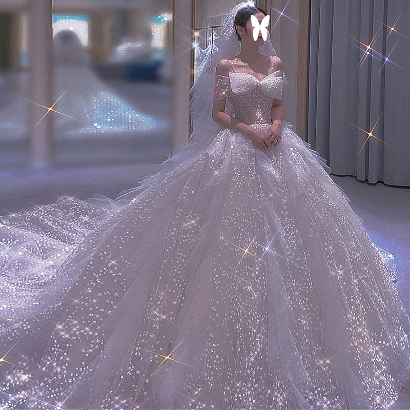 French Light Wedding Dress 2021 New Temperament Bridal Small Man Simple Atmospheric Starry Sky Main Wedding Dress Tail 2022