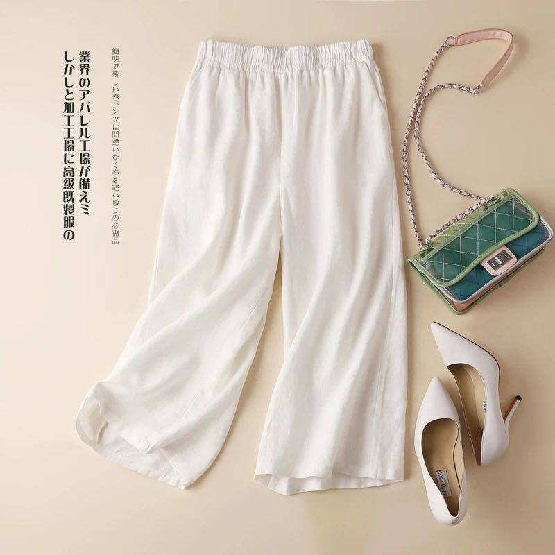 White Linen Wide-Leg Pants for Women, Summer Thin Style, Mom-Style Drapey Cotton-Linen Straight-Leg Pants, High-Waisted Slimming Cropped Pants