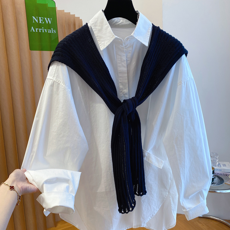 Long-Sleeved Shirt for Women 2026 Spring and Autumn New Style for Plus-Size Girls, Unique and Super Pretty White Knitted Shawl Two-Piece Set Top