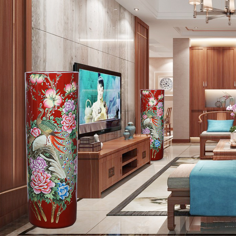 Hand - made peacock peony figure quiver jingdezhen ceramic famille rose porcelain vase of large stores decoration shop furnishing articles