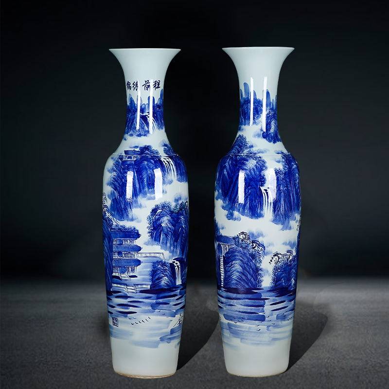 Jingdezhen Ceramics Floor-to-ceiling Large Vase Hand-painted Blue and White Porcelain Landscape Splendid Future Hotel Living Room Decoration Opening
