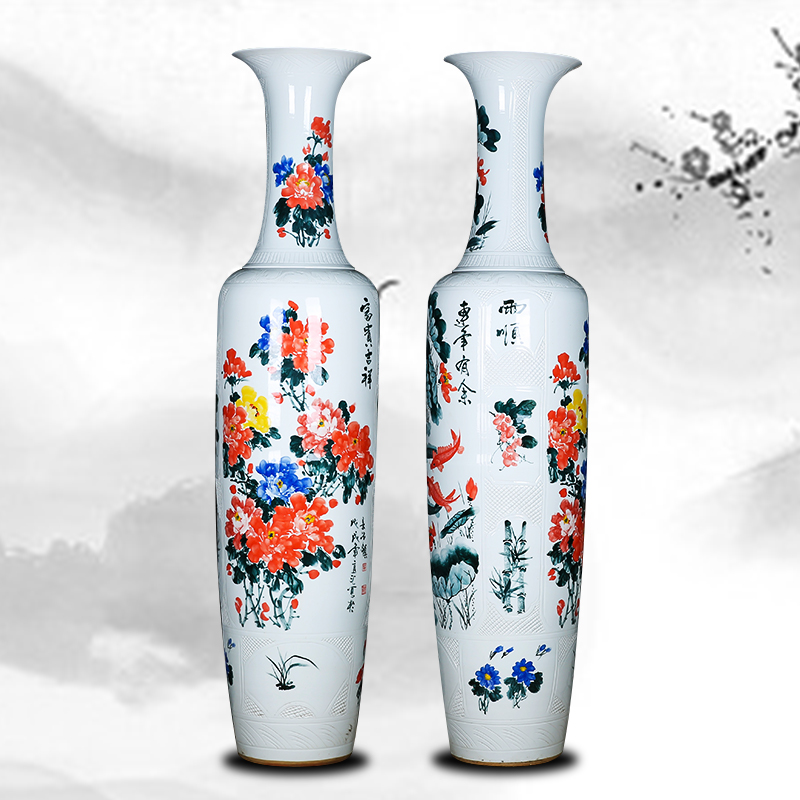 Jingdezhen ceramics fish landing big vase hand - made peony lotus sitting room adornment big furnishing articles hotel opening