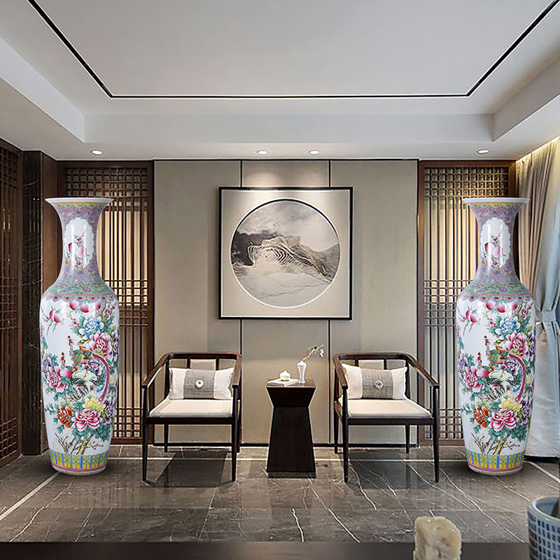 Jingdezhen ceramics landing large vases, hand - made pastel phoenix peony home furnishing articles furnishing articles Chinese style living room
