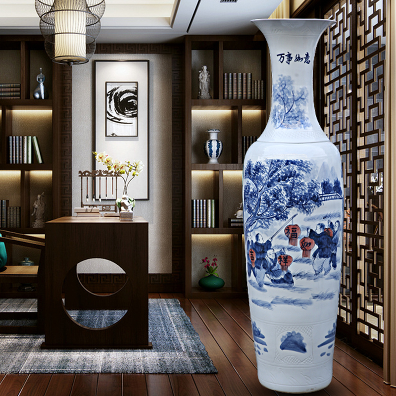 Jingdezhen ceramics landing large hand blue and white porcelain vase the lad figure source of money widely enter household hotel furnishing articles