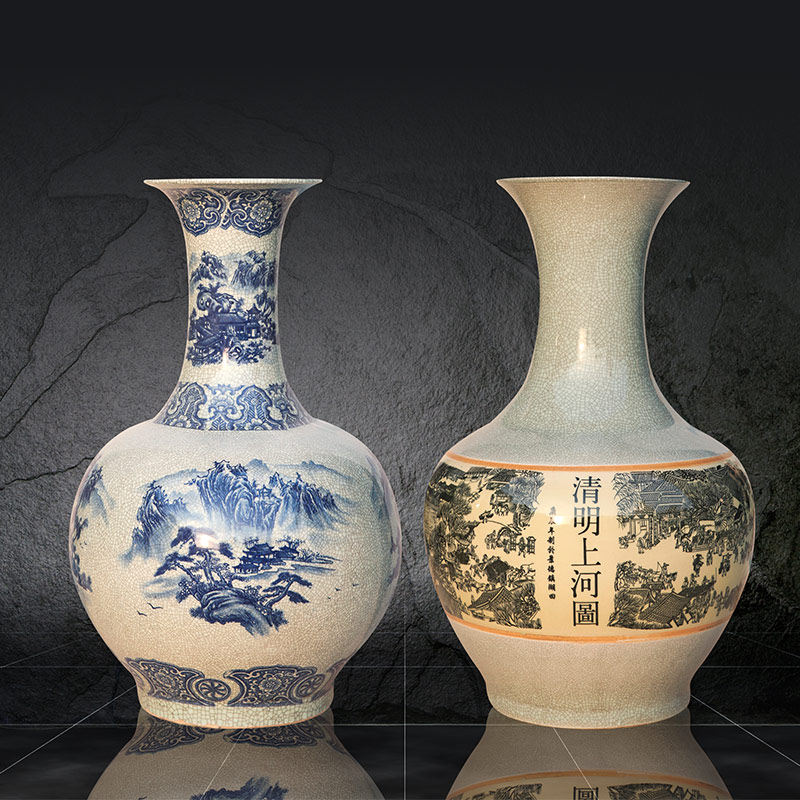 Floor-to-ceiling large vase ornaments Jingdezhen ceramics antique landscape cracked glaze appreciation bottle living room home feng shui