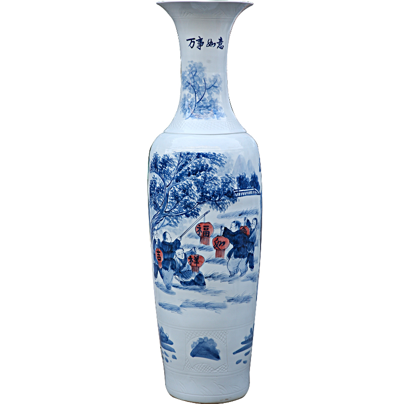 Jingdezhen ceramics landing large hand blue and white porcelain vase the lad figure source of money widely enter household hotel furnishing articles