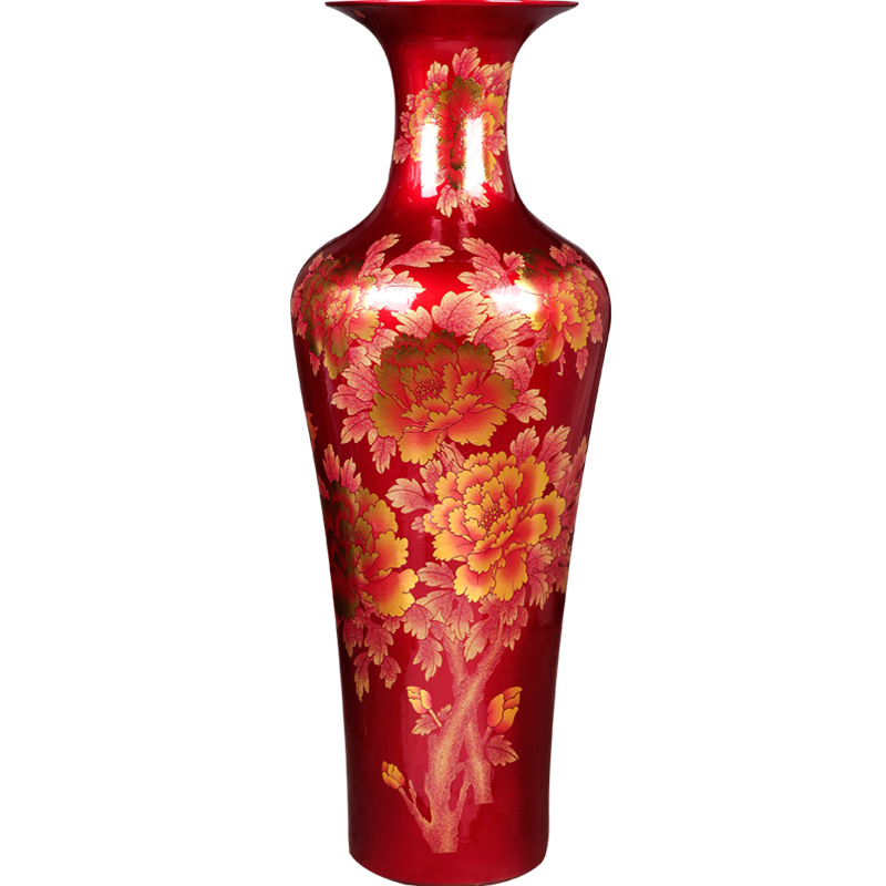 Jingdezhen ceramics landing large vases, red crystal glaze peony furnishing articles decorations home sitting room move