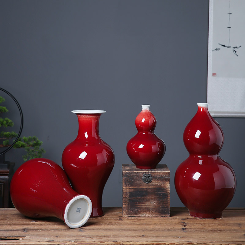 Jingdezhen ceramics vase sitting room adornment is placed creative ruby red glaze ji red table hotel opening gifts