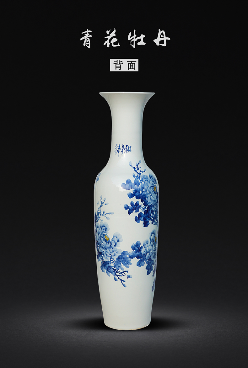 Jingdezhen ceramics landing large blue and white porcelain vase hand - made peony sitting room place hotel decoration