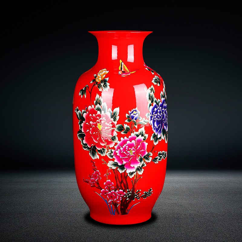 Jingdezhen ceramics red peony flowers blooming rich and noble floor-to-ceiling living room large vase porch decorations high ornaments