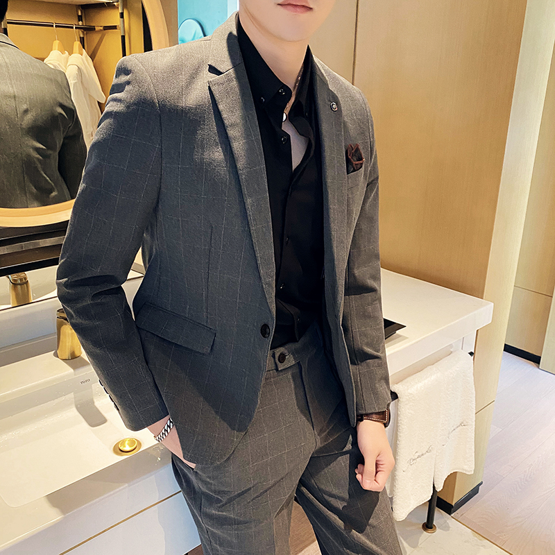 early spring men's suit pants plaid slim fit british business formal groom wedding dress suit