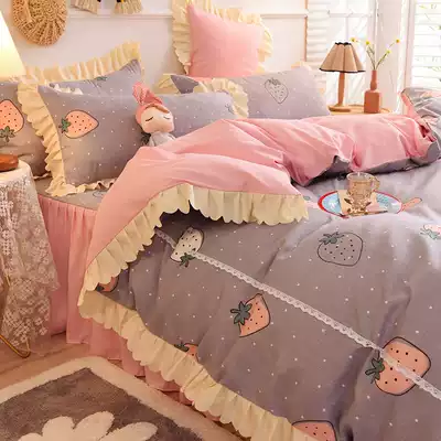 Korean version of the brushed bed skirt four-piece quilt princess style lace girl heart single double washed cotton quilt cover bed cover