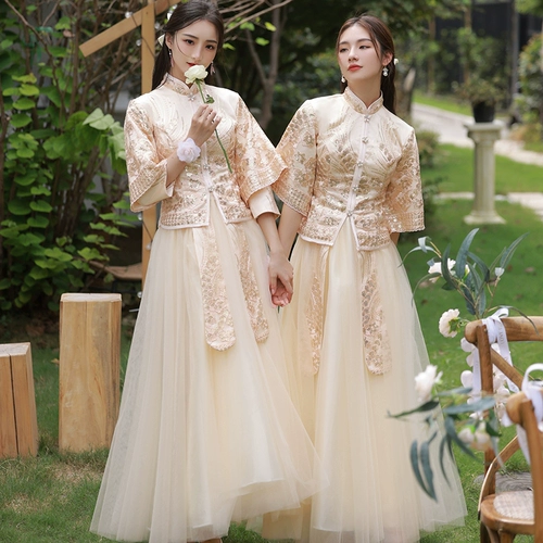 Летнее платье подружки невесты, золотой традиционный свадебный наряд Сюхэ, длинное вечернее платье для невесты, юбка, китайский стиль, по фигуре