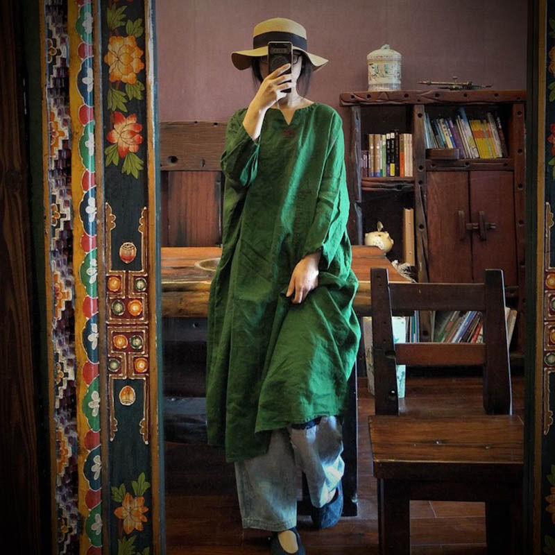Foreign Trade Japanese Original High-End Brand Women's Vintage Embroidered V-Neck Linen Long Dress Loose Long-Sleeved Cotton-Linen Dress