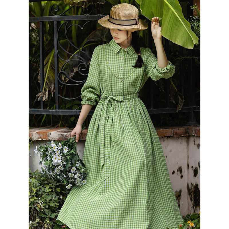 Forest-Style Green Plaid Linen Dress for Women, 2024 Autumn, Gentle Style, Tie Waist, Slimming, Elegant Shirt Dress
