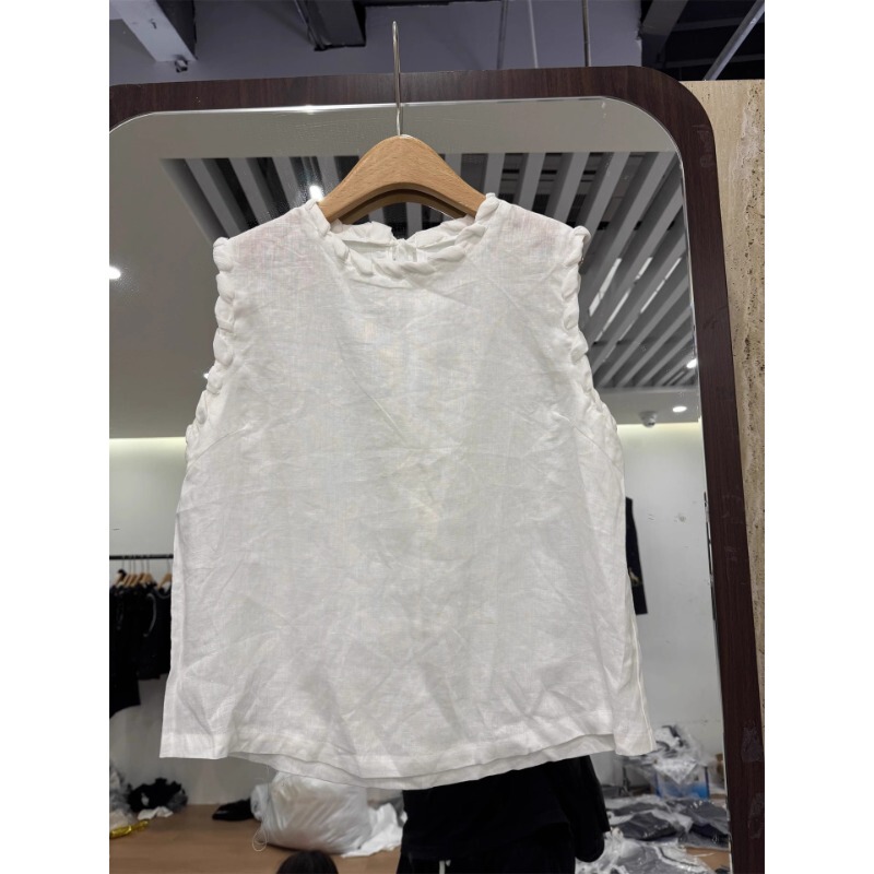 White Linen Sleeveless Shirt for Women 2025 Summer Classy Chic Loose Back Cut Out Embroidered Woven Round Neck Top