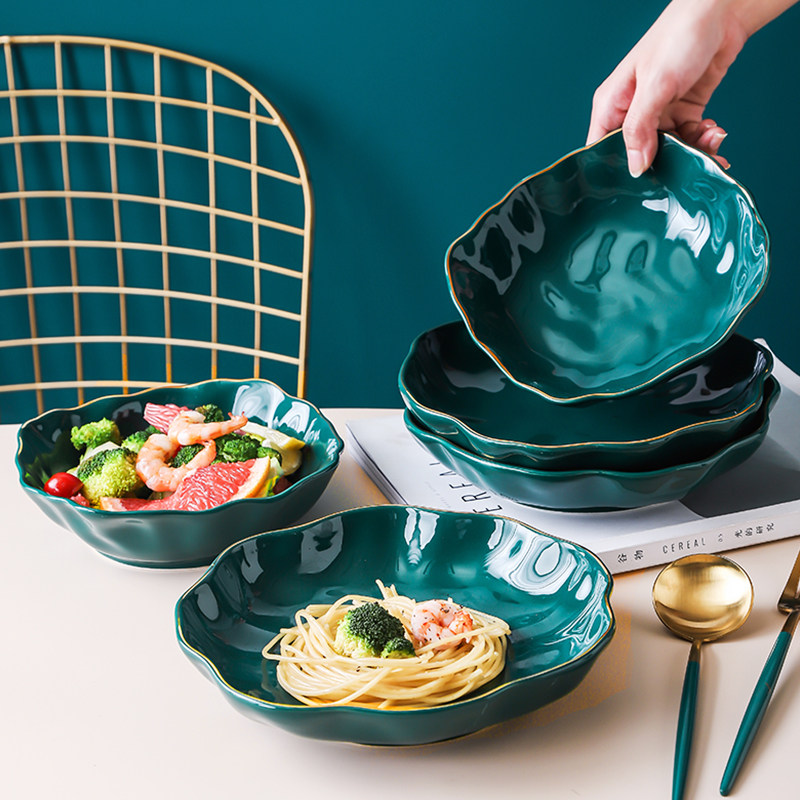 Plate Plate Home Nordic Light Luxury Dark Green Tableware Ceramic Creative Net Red Deep Plate Plate Plate Plate Chopsticks Plate Set