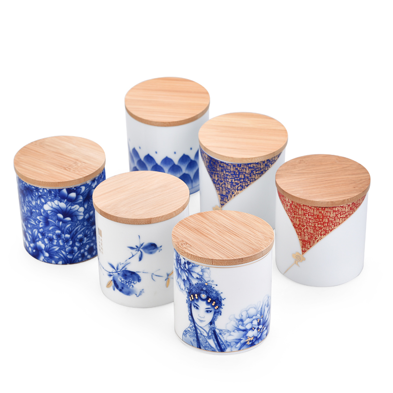 Ceramic painting contracted bamboo caddy fixings cover size seal portable household receives tea tea box storage tank