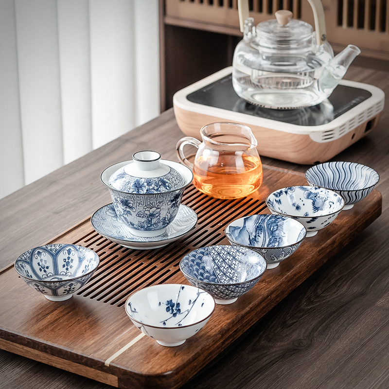 Chinese style blue and white porcelain kung fu tea set ceramic tea set set thin tire white porcelain cover bowl tea cup tea maker household