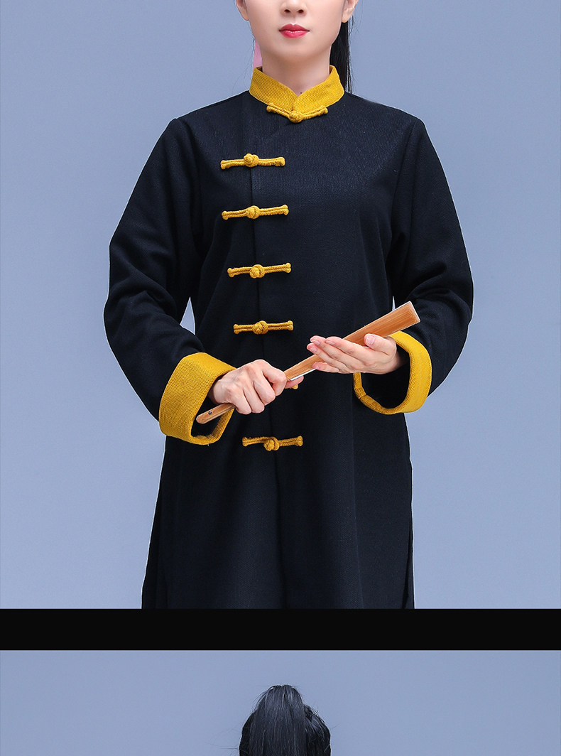 форма для Тай-Чи 延武堂春秋季新款太极服黑色长袖2023中式居家禅茶套装盘扣改良