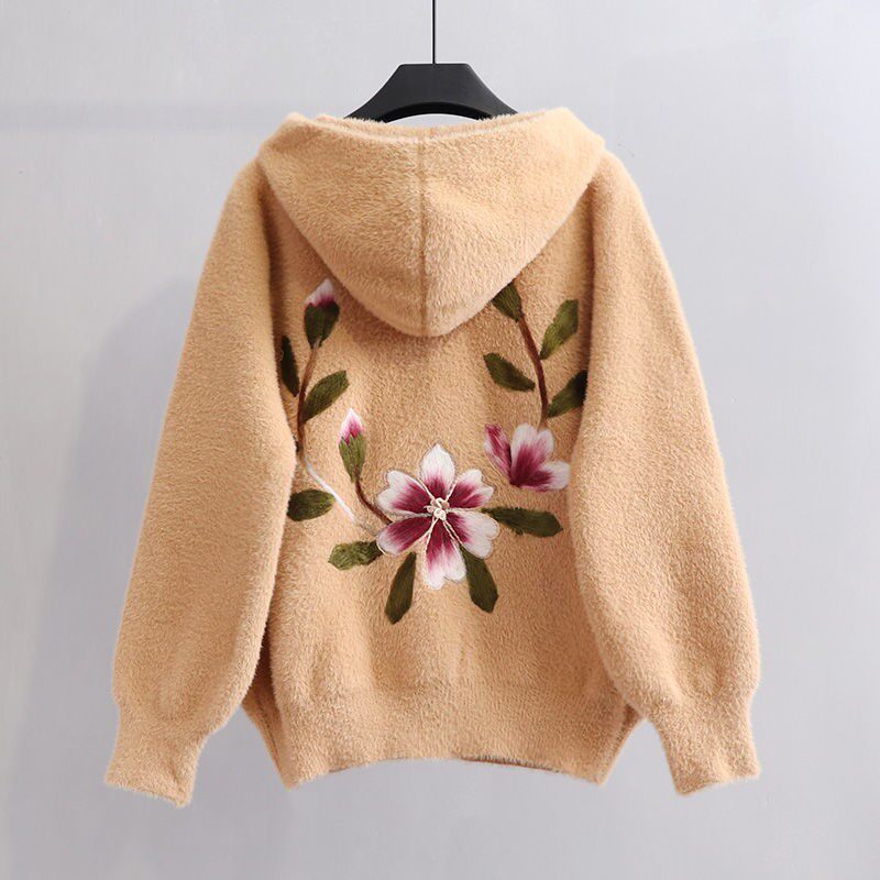 Thickened imitation mink fleece sweater women's loose coat embroidered new Korean version thin autumn and winter hooded cardigan short coat