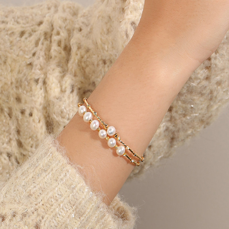 Mapping Hong Kong Light Luxury Double-Layer Natural Pearl Bracelet High-End Open Bangle Jewelry for Women Niche Design