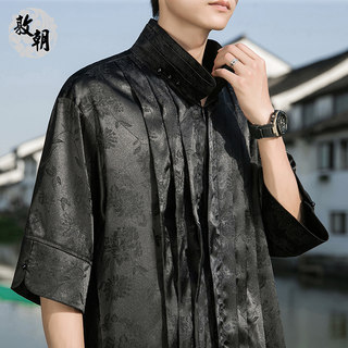 新中式冰丝薄款短袖衬衫男小众设计感衬衣复古提花缎面高级感上衣