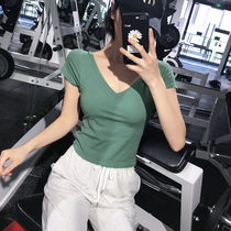 Song station with chest pad beauty back yoga clothing womens tight fitness short sleeve quick-drying sports shirt summer T-shirt Big V collar half sleeve