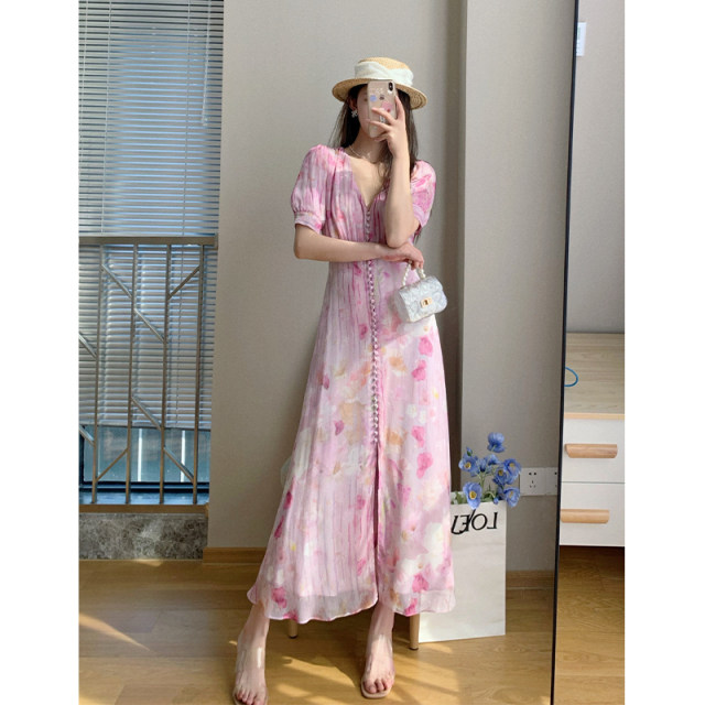 Chiffon floral dress women's summer 2022 new French style gentle wind thin long skirt high-end temperament small skirt