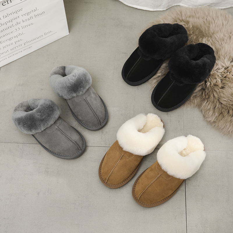 Auggh Genuine Leather Snow Boots Wool Slippers Women's Winter Couple Fur Integrated Closed-Toe Half Slippers Unisex Cotton Slippers