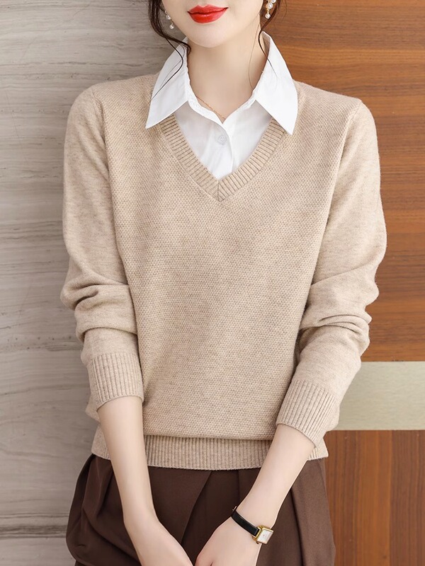 2026 New Autumn and Winter Patchwork Shirt Collar Top Fake Two-Piece Women's Knitwear Loose Versatile Base Sweater for Women 2026 New Autumn and Winter Patchwork Shirt Collar Top Fake Two-Piece Women's Knitwear Loose Versatile Base Sweater for Women