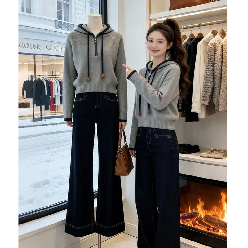 Korean-Style Gray Hooded Half-Zip Knit Sweater for Women 2026 Minimalist Style Long-Sleeve Petite Sweater Slimming Top Trendy Korean-Style Gray Hooded Half-Zip Knit Sweater for Women 2026 Minimalist Style Long-Sleeve Petite Sweater Slimming Top Trendy