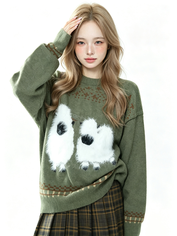 American Retro Fair Isle Plush Wool Sweater for Women, Autumn and Winter Lazy Style Loose Casual Round Neck Pullover Knitwear American Retro Fair Isle Plush Wool Sweater for Women, Autumn and Winter Lazy Style Loose Casual Round Neck Pullover Knitwear
