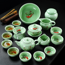 Kung Fu tea set Household simple Jun porcelain teacup set Celadon ceramic teapot cover bowl Teacup Tea set