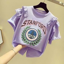  Pure cotton girls 2021 new short-sleeved lace t-shirt Western style fashionable little girl top medium and large children loose summer clothes