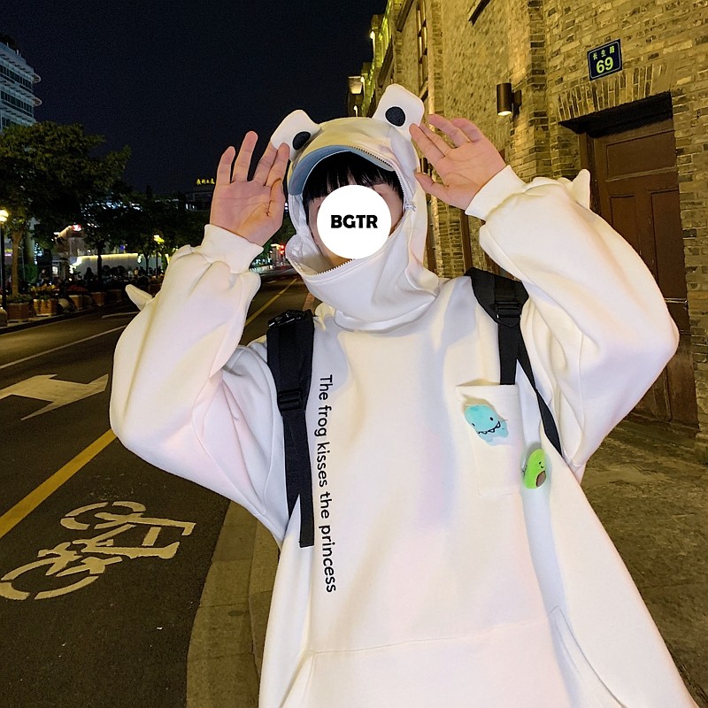 Autumn and winter frog pullover sweater boys plus velvet thick tide brand loose hooded zipper design casual tops