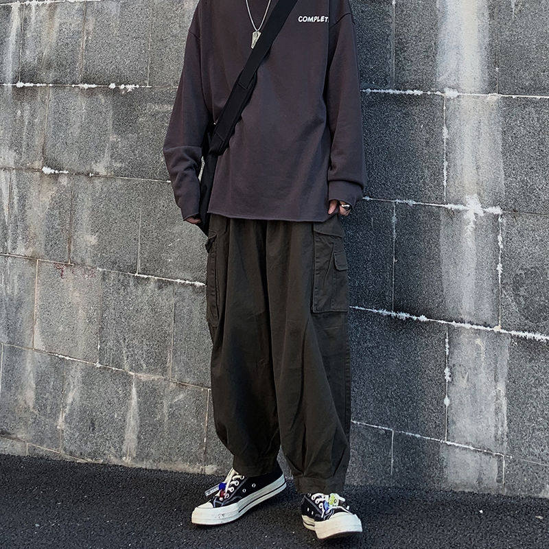 ins day system retro multipocket bouquet leggings pants pure color loose straight cylinder long pants hip hop card casual pants male