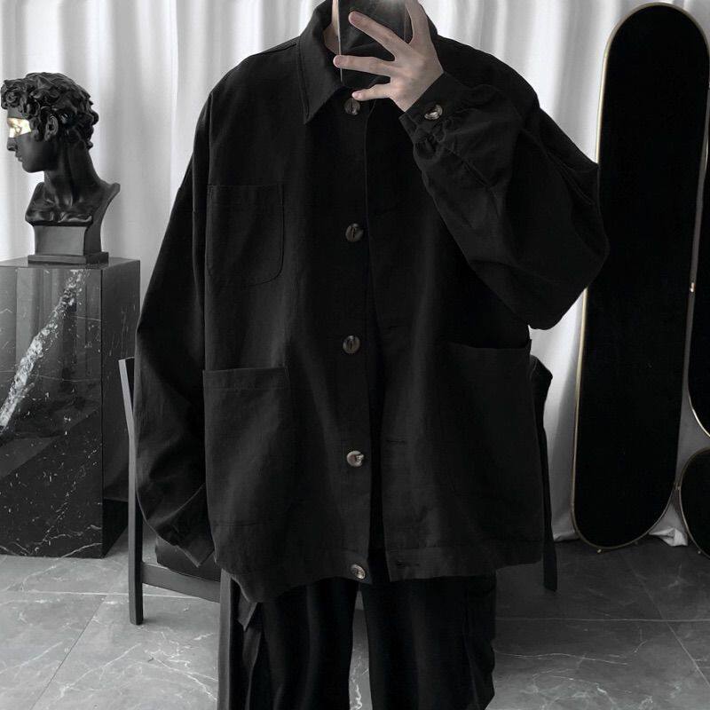 Dark Black Ensemble Jacket for male and female BF Wind students Korean version Trend easy to turn over the spring and autumn season thin and handsome men's jacket