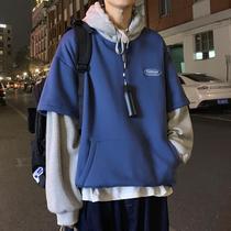 Autumn Winter Ins and Two Weak Mens Han Edition Students Loose Trend Harbor Wind and Cap Hit and Coat Male